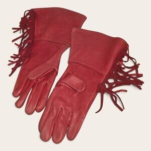 Cattle Kate Red Leather Fringe Gauntlet Gloves Sz 8 Western Cowgirl USA